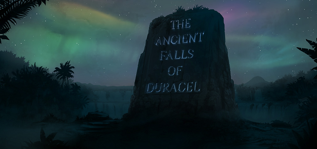 Ein antiker Felsstein mit einem Schriftzug bei Nacht, im Hintergrund sind Nordlichter zu sehen.