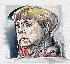 Karikatur von Angela Merkel in Feder und Aquarell