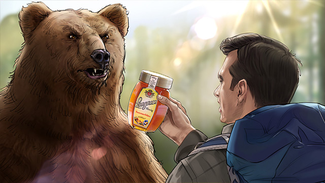 Der Bär schaut grimmig, und so probiert der Mann es mit einem Glas Honig.