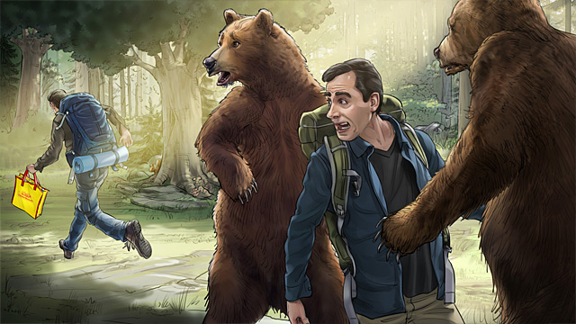 Der Mann rennt nun mitsamt der Netto-Tüte in den Wald hinein, der Kumpel und die Bären schauen ihm verwirrt hinterher.