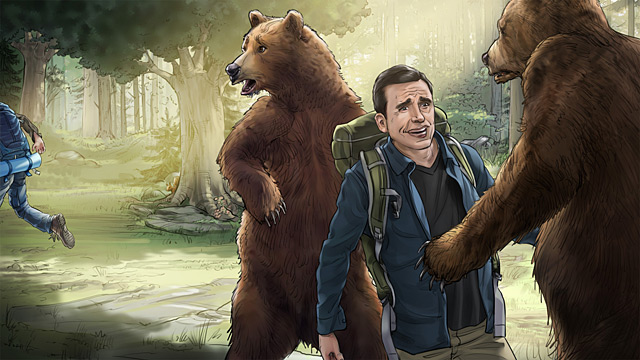 Während der Mann im Wald verschwindet, schaut dessen Kumpel die Bären verlegen an.
