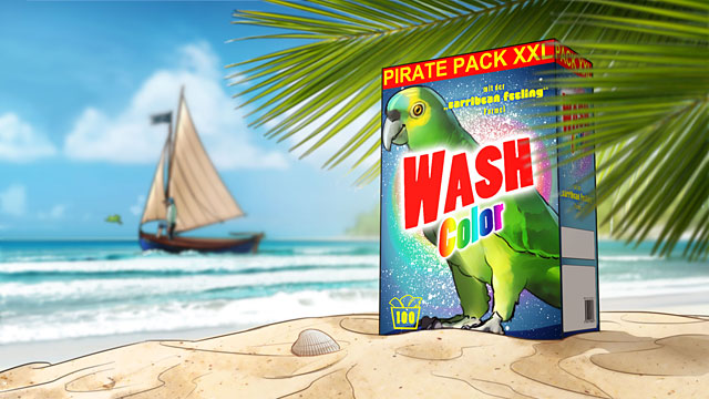 Packshot - Wash Color steht im Sand am Strand. In der Ferne segelt das Piratenboot.